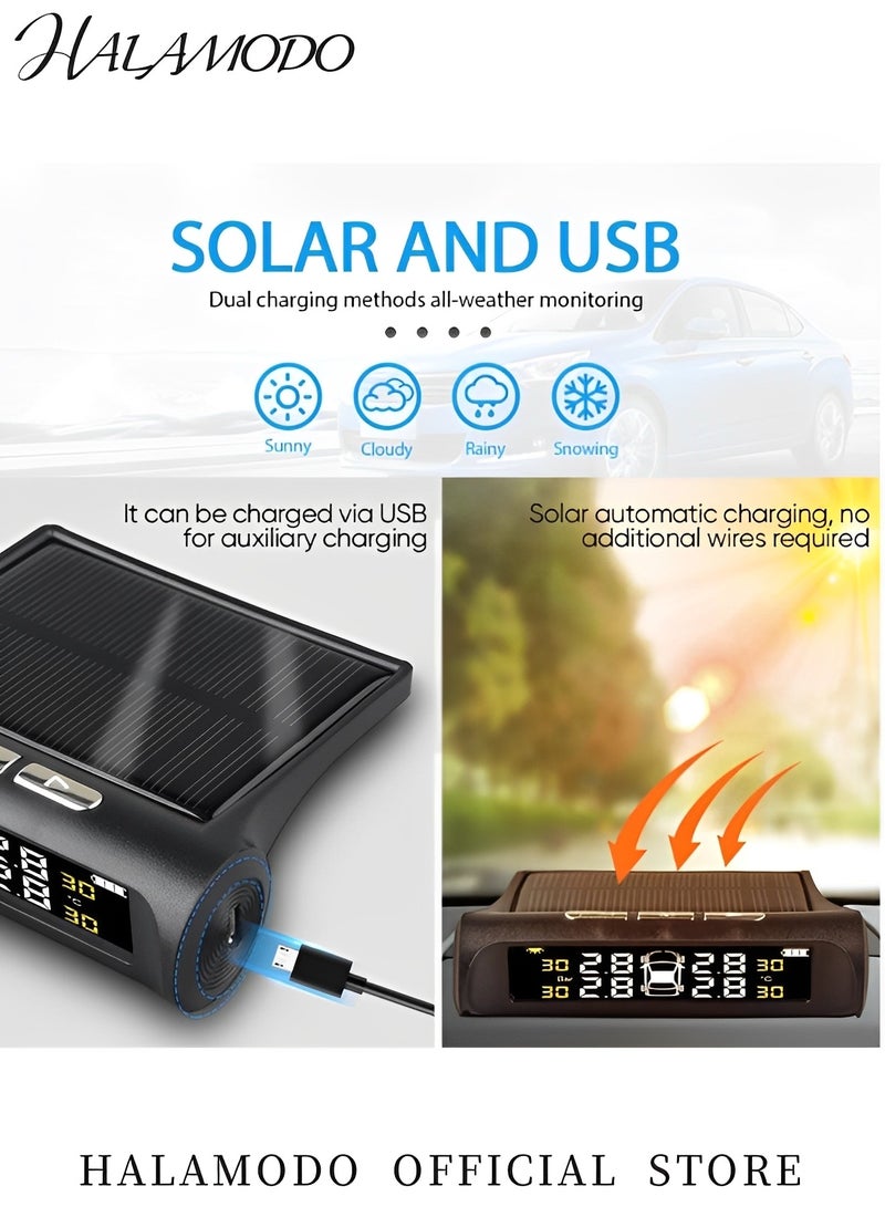 HALAMODO Car Tire Pressure Monitoring System TPMS Solar Monitor System Universal Wireless Car Alarm Waterproof External Sensors with 6 Modes Real-time & Temperature for Car & RV & Trailer  - Image 2