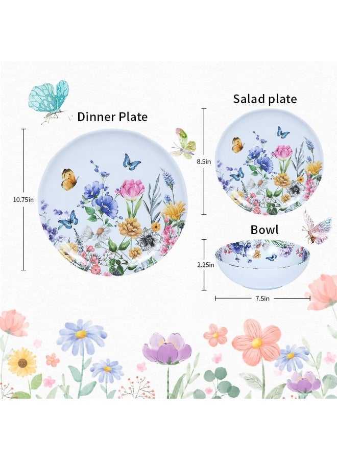 Lechoo 12 Piece Melamine Dinnerware Sets Plates And Bowls Sets Floral Dinnerware Sets Spring Camping Dishs Indoor Outdoor Use Flowers And Butterflies Pattern - Image 2