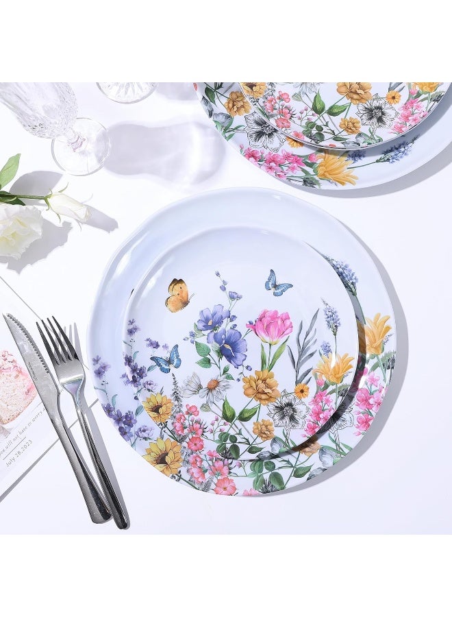 Lechoo 12 Piece Melamine Dinnerware Sets Plates And Bowls Sets Floral Dinnerware Sets Spring Camping Dishs Indoor Outdoor Use Flowers And Butterflies Pattern - Image 3