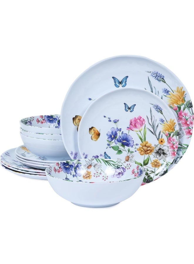 Lechoo 12 Piece Melamine Dinnerware Sets Plates And Bowls Sets Floral Dinnerware Sets Spring Camping Dishs Indoor Outdoor Use Flowers And Butterflies Pattern - Image 1