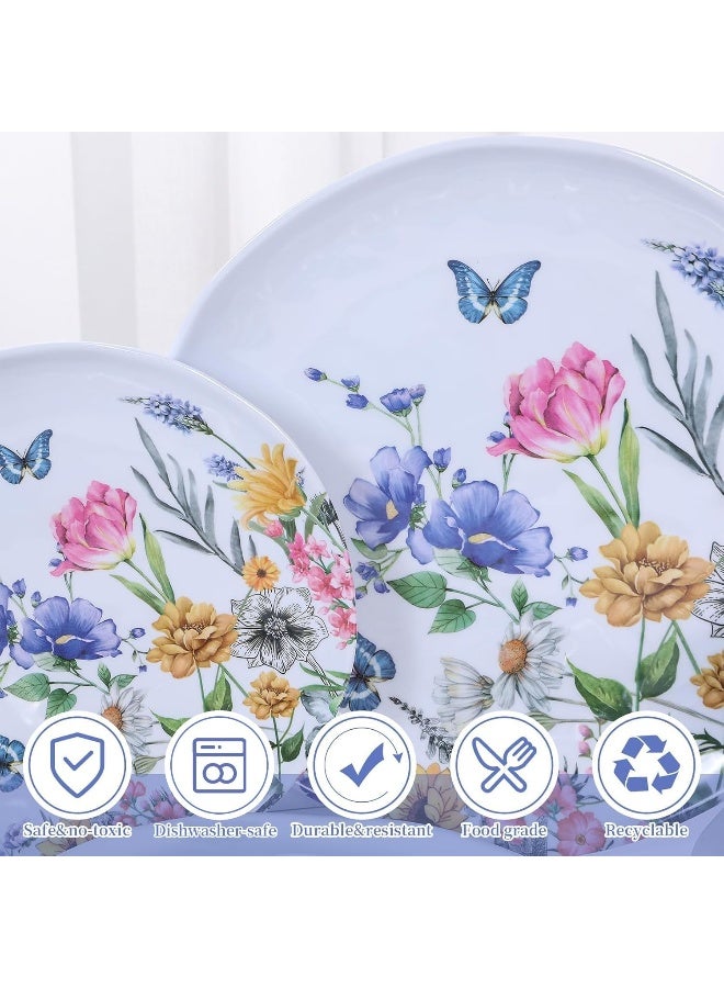 Lechoo 12 Piece Melamine Dinnerware Sets Plates And Bowls Sets Floral Dinnerware Sets Spring Camping Dishs Indoor Outdoor Use Flowers And Butterflies Pattern - Image 4