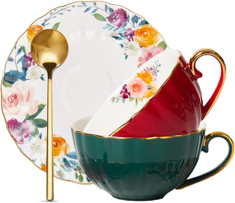 OneUstar Tea Cups and Saucers Set of 2 Bone China Floral English Teacup with Spoon Coffee Cups Cappuccino Espresso Latte Mug for Christmas Gift, 8 Oz - Image 1