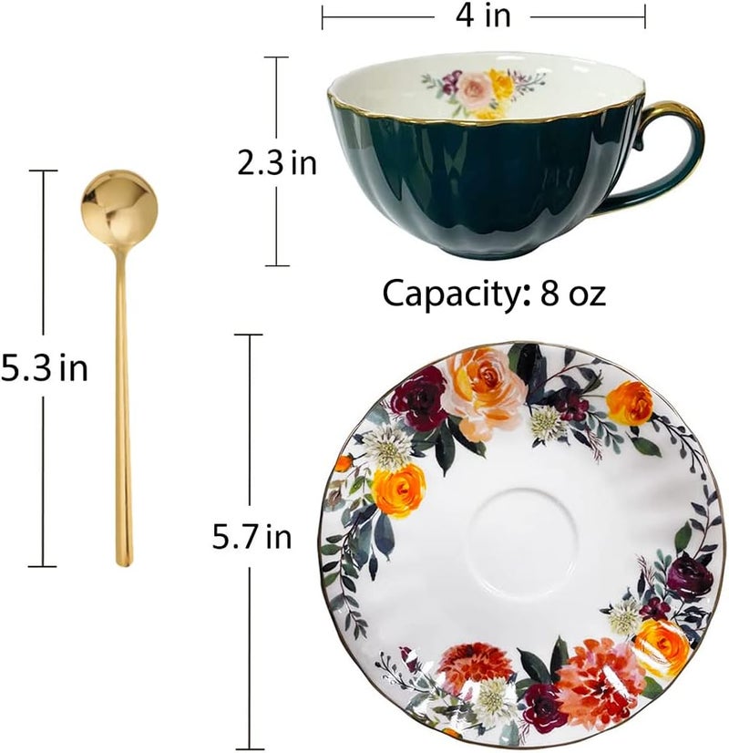 OneUstar Tea Cups and Saucers Set of 2 Bone China Floral English Teacup with Spoon Coffee Cups Cappuccino Espresso Latte Mug for Christmas Gift, 8 Oz - Image 5
