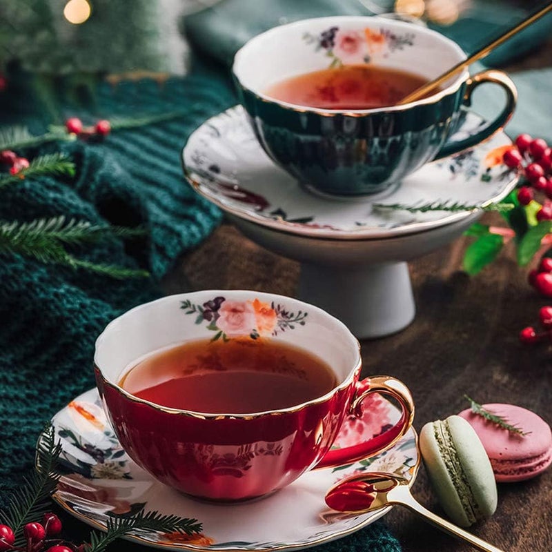 OneUstar Tea Cups and Saucers Set of 2 Bone China Floral English Teacup with Spoon Coffee Cups Cappuccino Espresso Latte Mug for Christmas Gift, 8 Oz - Image 4
