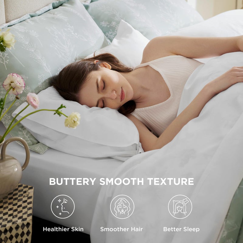 بيد شور صفائح ملكة الأسرة رايون مشتقة من ورقة تبريد كوين من الخيزران ، جيب عميق يصل إلى 16 "" تنفس وملاءات سرير ناعمة في فندق أوراق الفراش الحريري الفاخرة ووسائد أبيض - Image 4