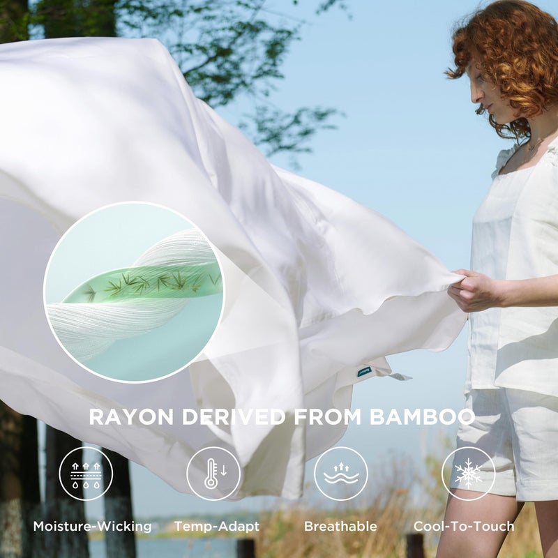 بيد شور صفائح ملكة الأسرة رايون مشتقة من ورقة تبريد كوين من الخيزران ، جيب عميق يصل إلى 16 "" تنفس وملاءات سرير ناعمة في فندق أوراق الفراش الحريري الفاخرة ووسائد أبيض - Image 2