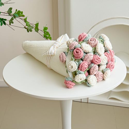 Longhui bedding Crochet Flower Bouquet Throw Blanket, Handmade Knitted Blanket with Rose Flowers, Cute Romantic Gift for Her Girlfriend Mom Mother’s Day Valentine Wedding Anniversary Birthday, Pink and White - Image 1