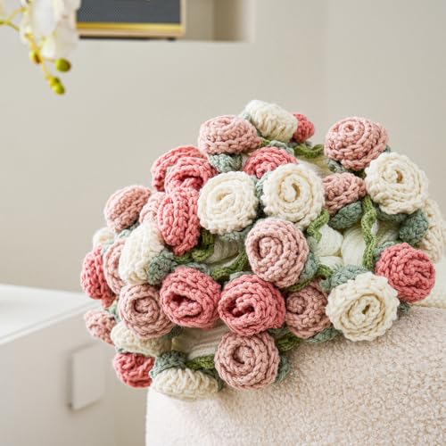 Longhui bedding Crochet Flower Bouquet Throw Blanket, Handmade Knitted Blanket with Rose Flowers, Cute Romantic Gift for Her Girlfriend Mom Mother’s Day Valentine Wedding Anniversary Birthday, Pink and White - Image 5