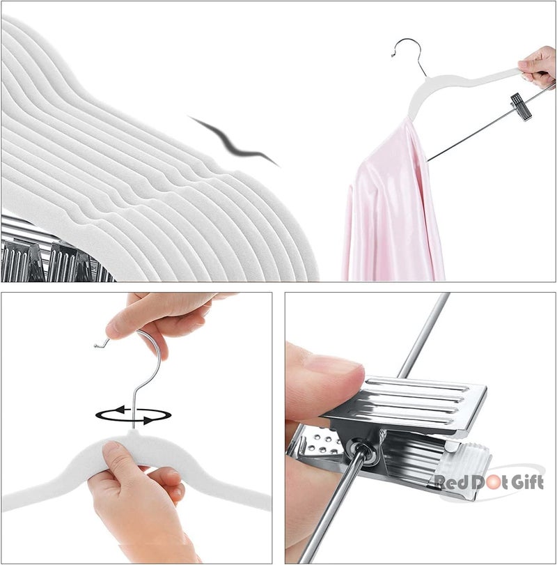 Red Dot Gift ®10-Pack White Non-Slip Velvet Hangers with Clip 42.5cm/16.8 Inch- 360 Degree Rotatable Hook - Durable & Slim - Non Slip Hangers for Coat Hangers - Pant Hangers… - Image 4