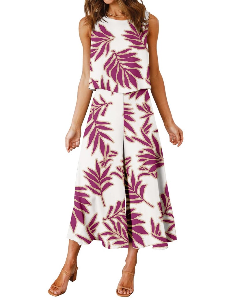 ROYLAMP Women's Summer 2 Piece Outfits Round neck Crop Basic Top Cropped Wide Leg pants Set Jumpsuits Purple Floral XS - Image 1