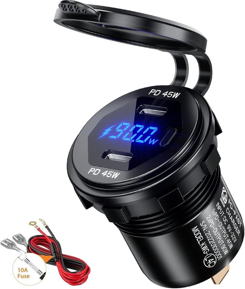Thlevel Type C Car Charger Socket Dual Port 90W PD Type C Fast Charger Socket Power Waterproof with LED Digital Voltmeter and Switch for 12V / 24V Marine Boat Motorcycle Truck - Image 1