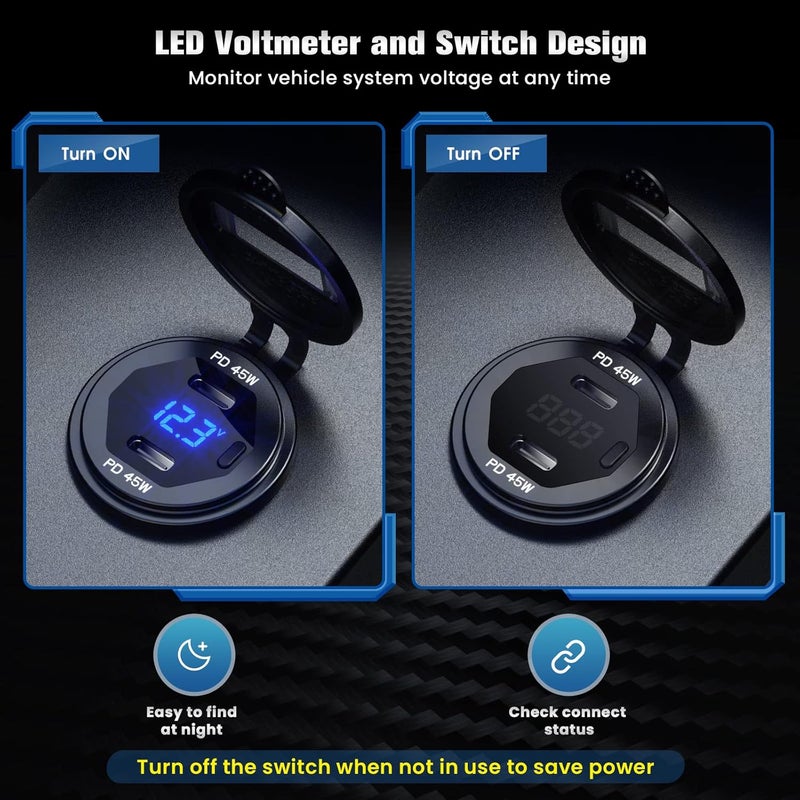 Thlevel Type C Car Charger Socket Dual Port 90W PD Type C Fast Charger Socket Power Waterproof with LED Digital Voltmeter and Switch for 12V / 24V Marine Boat Motorcycle Truck - Image 3