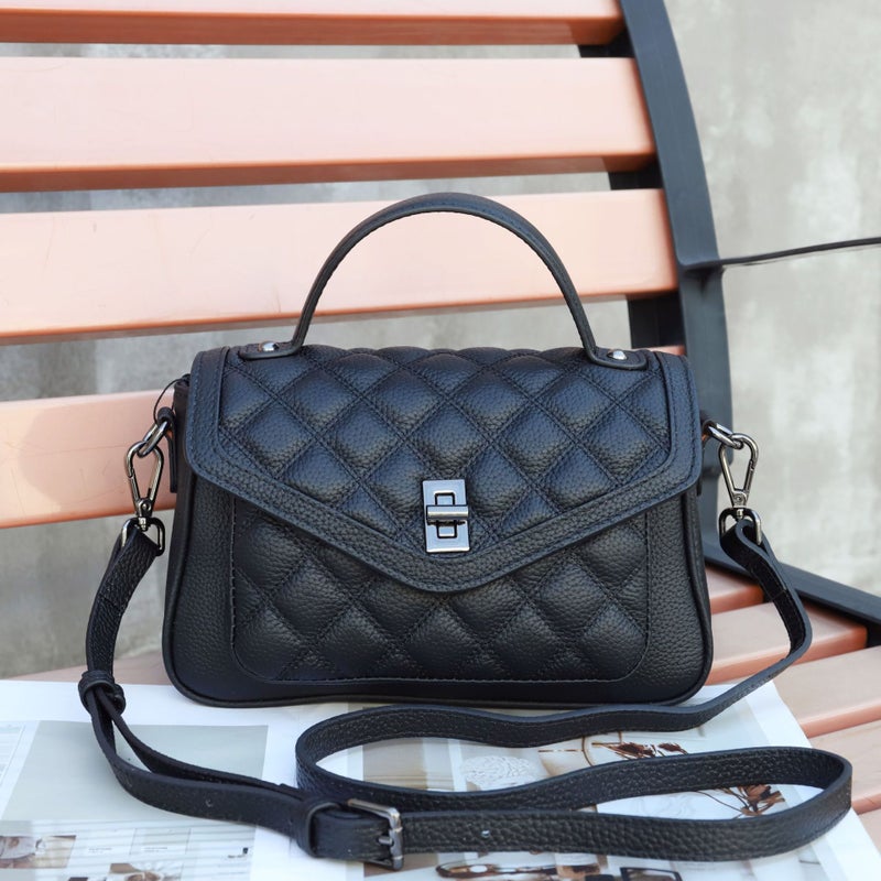 Small Fragrant Style Diamond Lattice Handbag First Layer Cowhide Portable Style Texture New Bag Female Manufacturers - Image 3