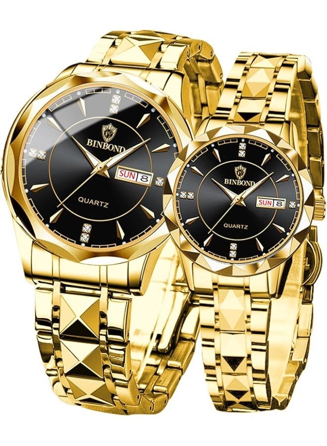 BINBOND His and Hers Matching Couple Watches Set - Stainless Steel Quartz Watch with Luminous Dial, Date Display, Water Resistant - Valentine's Day Gift for Couples (Black Band) - Image 1
