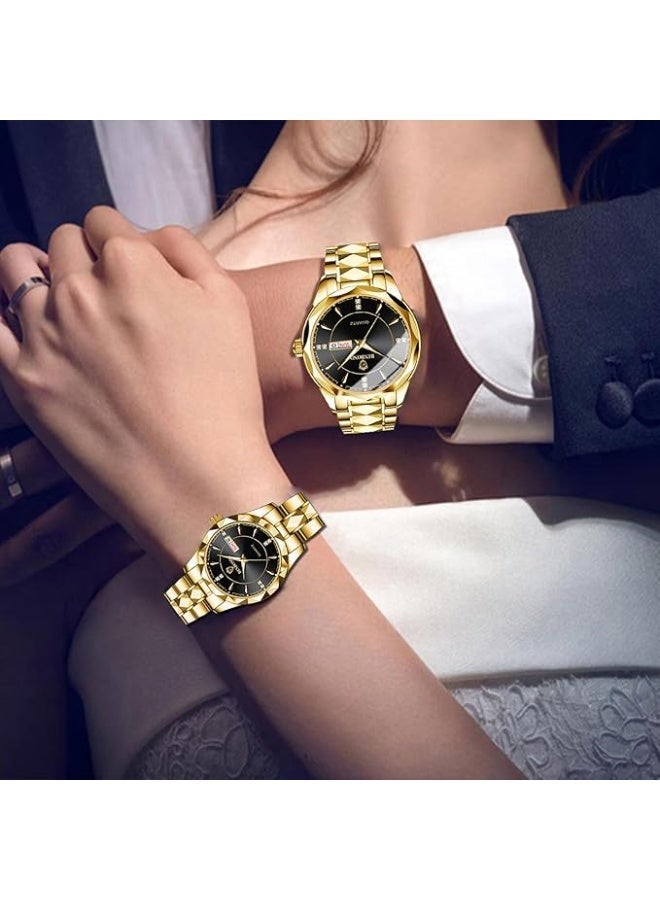 BINBOND His and Hers Matching Couple Watches Set - Stainless Steel Quartz Watch with Luminous Dial, Date Display, Water Resistant - Valentine's Day Gift for Couples (Black Band) - Image 3