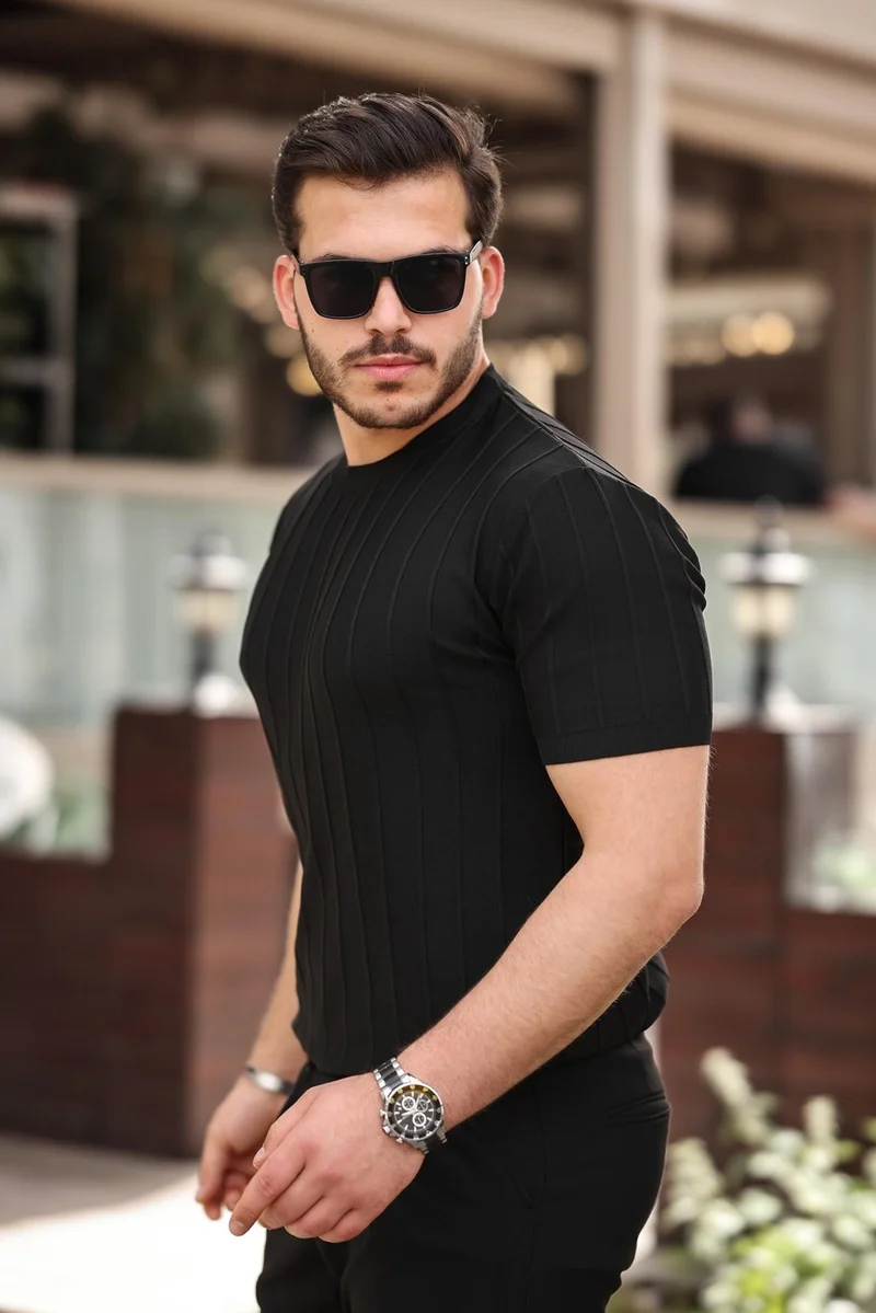 Miron Black Crew Neck Embossed Knitwear Short Sleeve T-Shirt - 2430