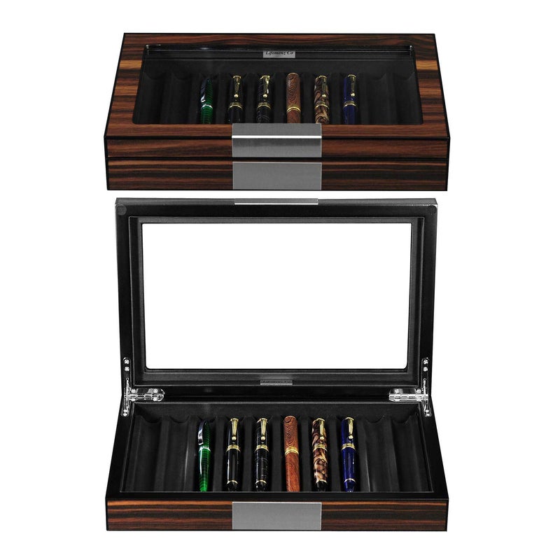 Lifomenz Co Wood Pen Box 10 Pen Organizer Box,Glass Storage Box with Lid,Top Glass Window Pen Collection Display Case - Image 3