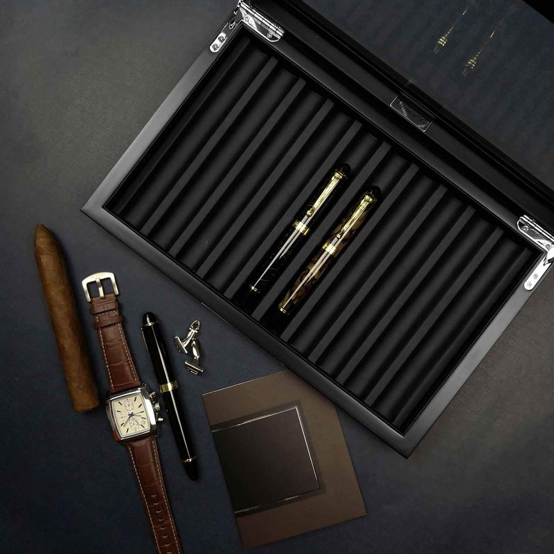 Lifomenz Co Wood Pen Box 10 Pen Organizer Box,Glass Storage Box with Lid,Top Glass Window Pen Collection Display Case - Image 4