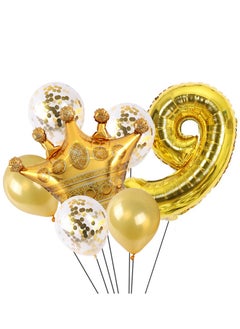 8-piece set for 9st birthday party anniversary decoration party supplies includes gold number 9 balloon, large gold crown foil balloon set, 12-inch sequin balloon, 12-inch gold balloon