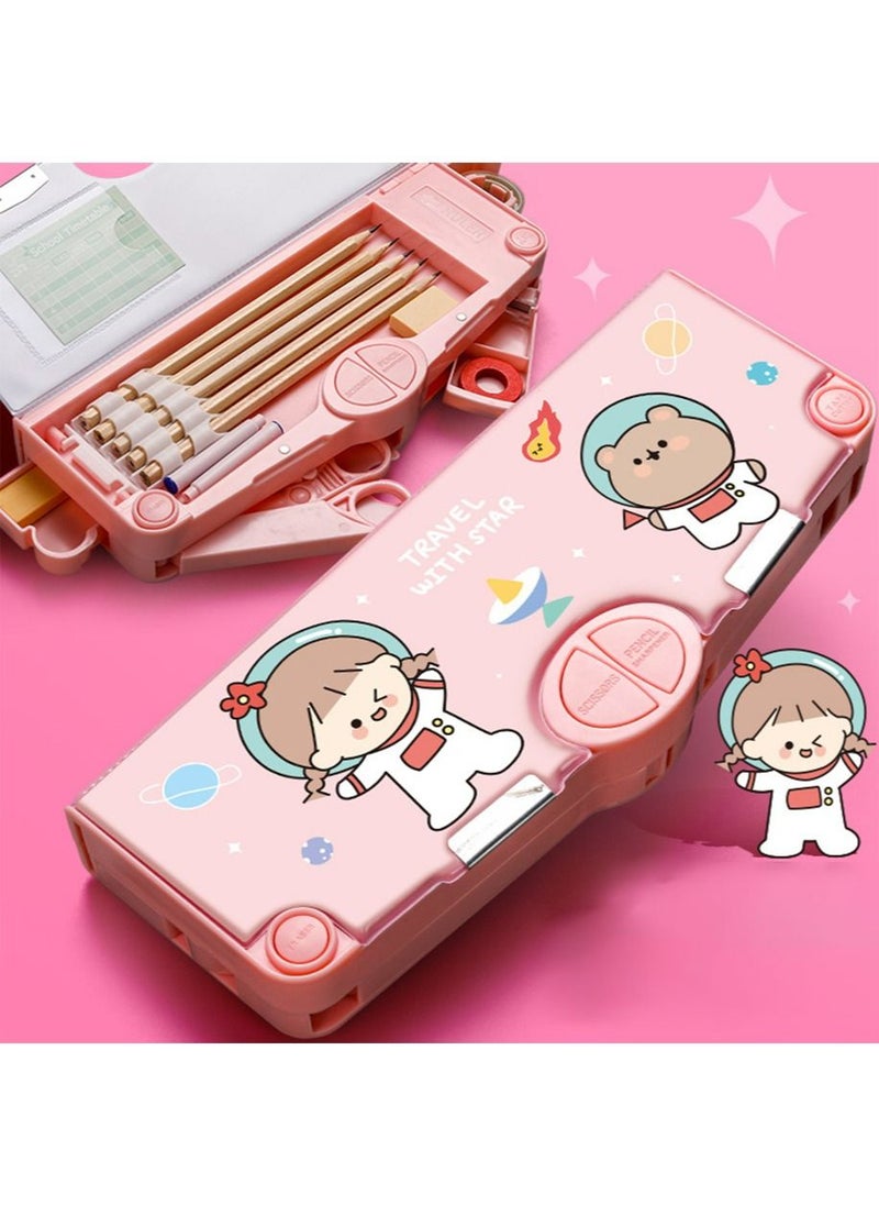 Generic - Multifunction Pencil Case, Pencil Box with 2 Compartments for Students - Cartoon Pattern Stationery Set with Pop Out Scissors and Pencil Sharpener - Image 1