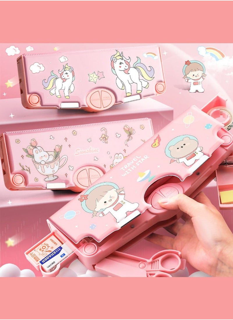 Generic - Multifunction Pencil Case, Pencil Box with 2 Compartments for Students - Cartoon Pattern Stationery Set with Pop Out Scissors and Pencil Sharpener - Image 1