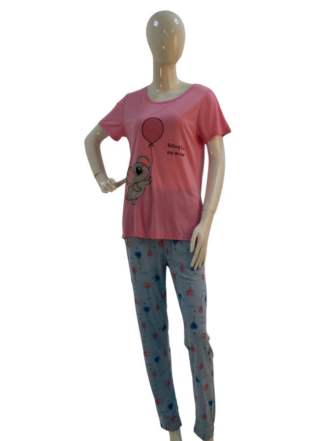 JOANNA JOANNA Women's Animal & Balloon Print Shirt & Trouser Pajama Set, Baby Pink  - Image 1