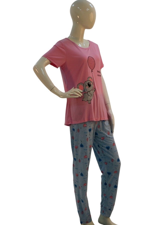 JOANNA JOANNA Women's Animal & Balloon Print Shirt & Trouser Pajama Set, Baby Pink  - Image 4