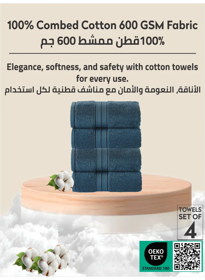 Donetella Dark Blue Premium 100 % Combed Cotton 4-Pcs Hand Towel Set (50 X 90 CM) 600 GSM Super Soft Hand Towel, Highly Absorbent, Quick Dry,Best Towel for Bathroom, Spa And Hotel  | Best Price UAE