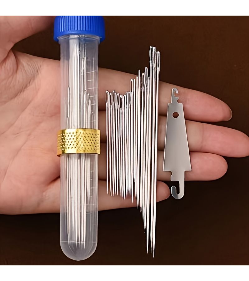 20 Piece Thimble and Needle Threader Set with Large Eye Steel Sewing Needles - Image 4