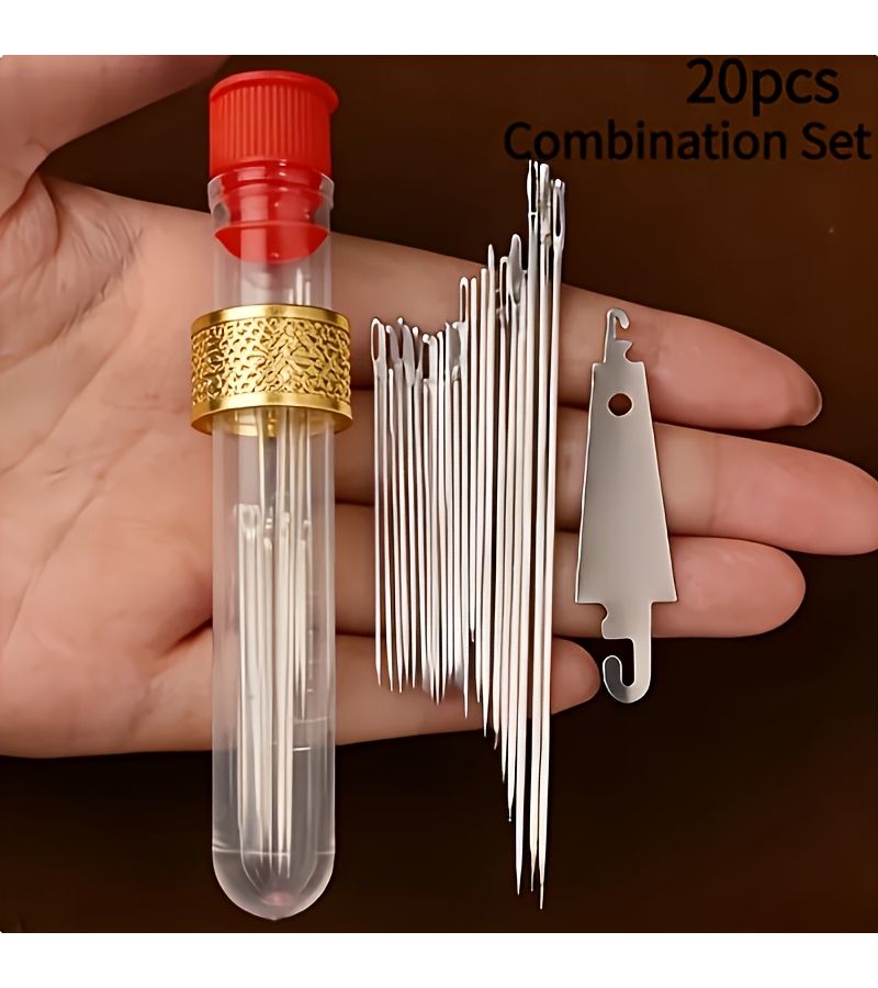 20 Piece Thimble and Needle Threader Set with Large Eye Steel Sewing Needles - Image 1