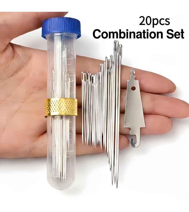 20 Piece Thimble and Needle Threader Set with Large Eye Steel Sewing Needles - Image 3
