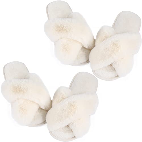Ankis White Womens Fuzzy Slippers - 2Pair Cozy, Soft, Comfy, Cross Band, Open Toe, Non-slip Womens Fluffy Slippers, Indoor and Outdoor - Image 1