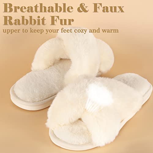 Ankis White Womens Fuzzy Slippers - 2Pair Cozy, Soft, Comfy, Cross Band, Open Toe, Non-slip Womens Fluffy Slippers, Indoor and Outdoor - Image 4