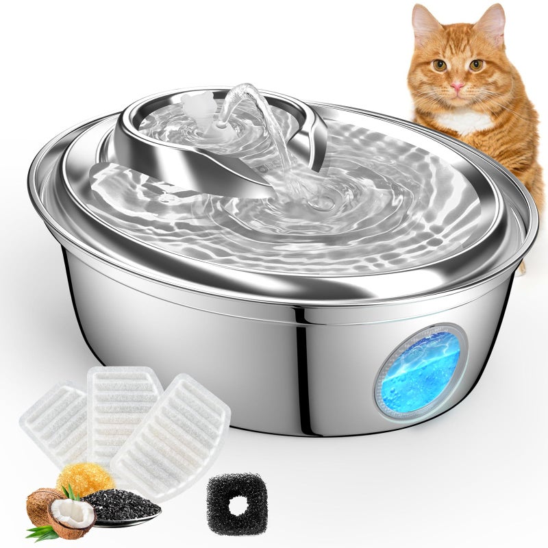 ORSDA Cat Water Fountain Stainless Steel, Automatic Pet Water Fountain, 67oz/2L Drinking Fountain Dog Water Dispenser with Water Level Window for Cats and Small Dogs- 4Pcs Filters (D36) - Image 1