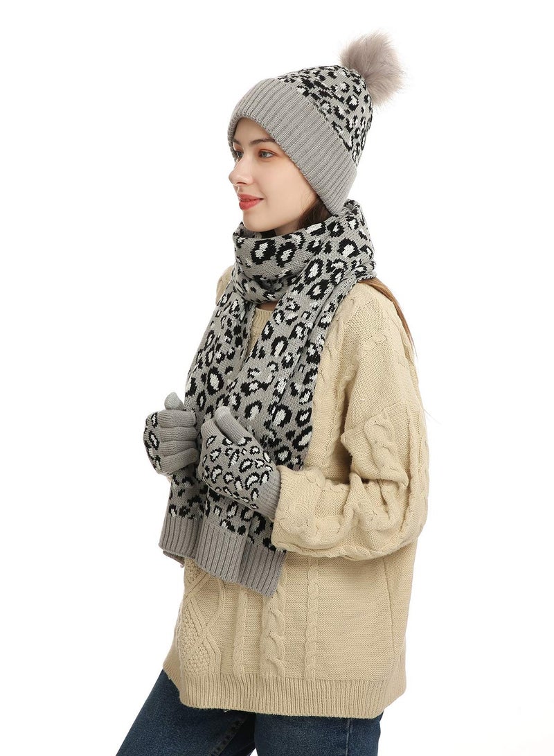 SYOSI Leopard Print Winter Knit Set - Stylish & Warm Bobble Hat, Scarf, Gloves Combo for Women and Girls - Touchscreen Compatible, Ideal for Outdoor Activities - Image 5