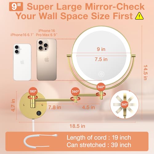 Benbilry 9" Large Wall Mounted Lighted Makeup Mirror, 1X/10X Magnifying 2-Sided AC Plug-in Powered Bathroom Mirror with 3 Color Lights, Touch Dimmable, Extended Arm 360° Rotation, 【Gold】 - Image 2