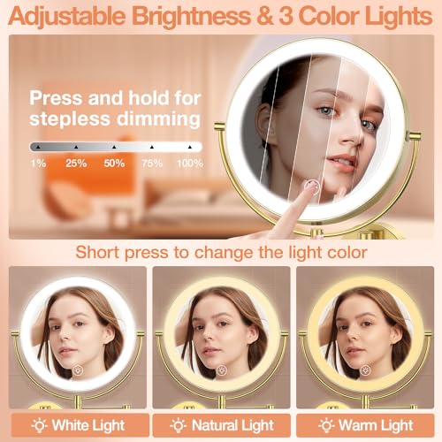 Benbilry 9" Large Wall Mounted Lighted Makeup Mirror, 1X/10X Magnifying 2-Sided AC Plug-in Powered Bathroom Mirror with 3 Color Lights, Touch Dimmable, Extended Arm 360° Rotation, 【Gold】 - Image 4