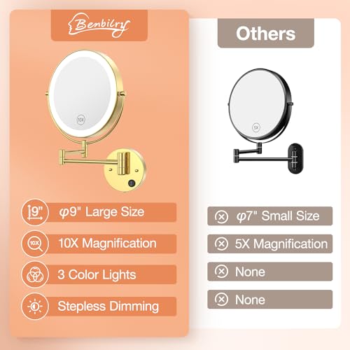 Benbilry 9" Large Wall Mounted Lighted Makeup Mirror, 1X/10X Magnifying 2-Sided AC Plug-in Powered Bathroom Mirror with 3 Color Lights, Touch Dimmable, Extended Arm 360° Rotation, 【Gold】 - Image 5