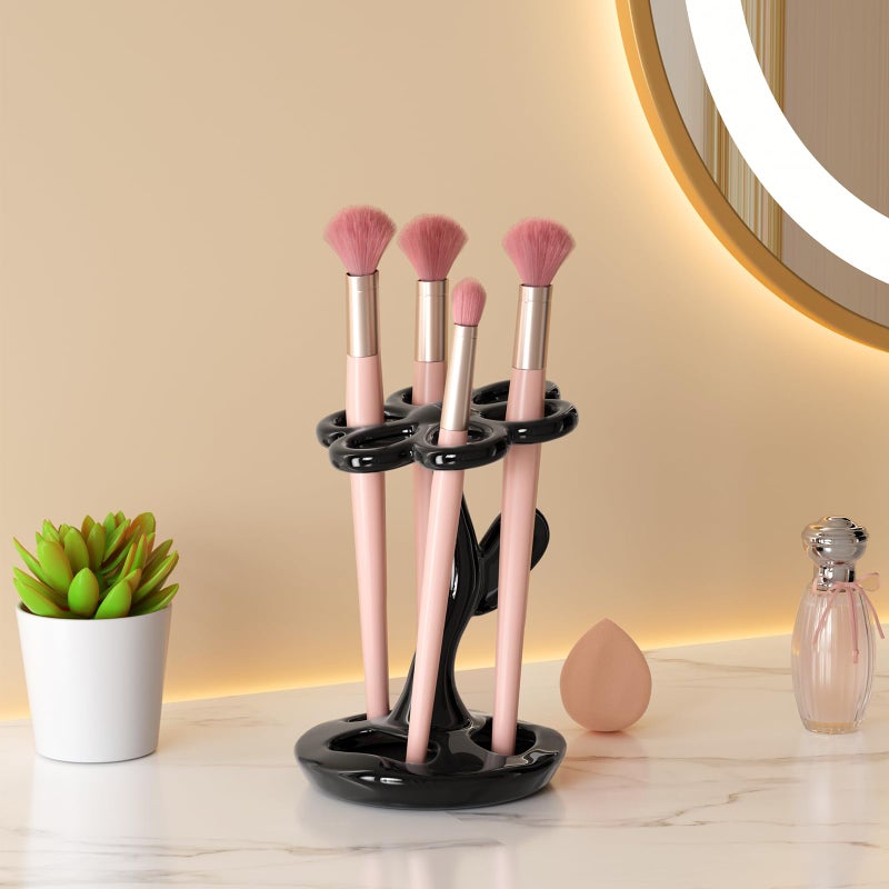 haomsj Flower Ceramic Tooth Brush Holders for Bathroom, Upgraded Large Slots Toothbrush Holder Organizer for Manual Brushes & Art Paintbrushes, Aesthetic Vanity Decor, Non-Tip Sturdy Base, 6 Slots ï¼ˆBlackï¼‰ - Image 3