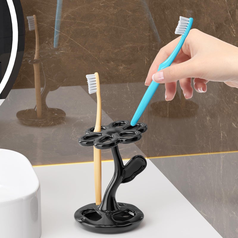 haomsj Flower Ceramic Tooth Brush Holders for Bathroom, Upgraded Large Slots Toothbrush Holder Organizer for Manual Brushes & Art Paintbrushes, Aesthetic Vanity Decor, Non-Tip Sturdy Base, 6 Slots ï¼ˆBlackï¼‰ - Image 4