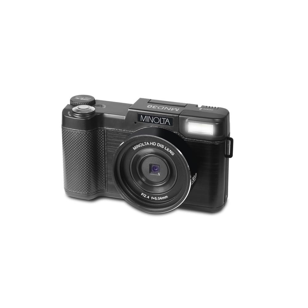 Minolta 30MP Digital Camera 27K Ultra HD Video 3inch 180 LCD Screen Face Detection AntiShake 9 Scene Modes Photo Burst Panorama CMOS Sensor 32GB Card Black