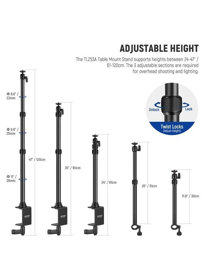 Neewer - NEEWER Tabletop Overhead Camera Mount Stand with 2 Section Telescopic Extension Arm, Phone Holder, Ball Heads, Screw Adapters, Desk Light Stand for Camera, Phone, Webcam, Ring Light, TL253A+DS001 - Image 1