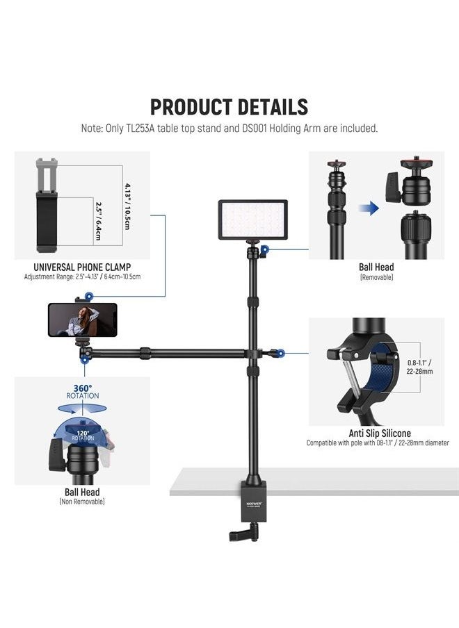 Neewer - NEEWER Tabletop Overhead Camera Mount Stand with 2 Section Telescopic Extension Arm, Phone Holder, Ball Heads, Screw Adapters, Desk Light Stand for Camera, Phone, Webcam, Ring Light, TL253A+DS001 - Image 1