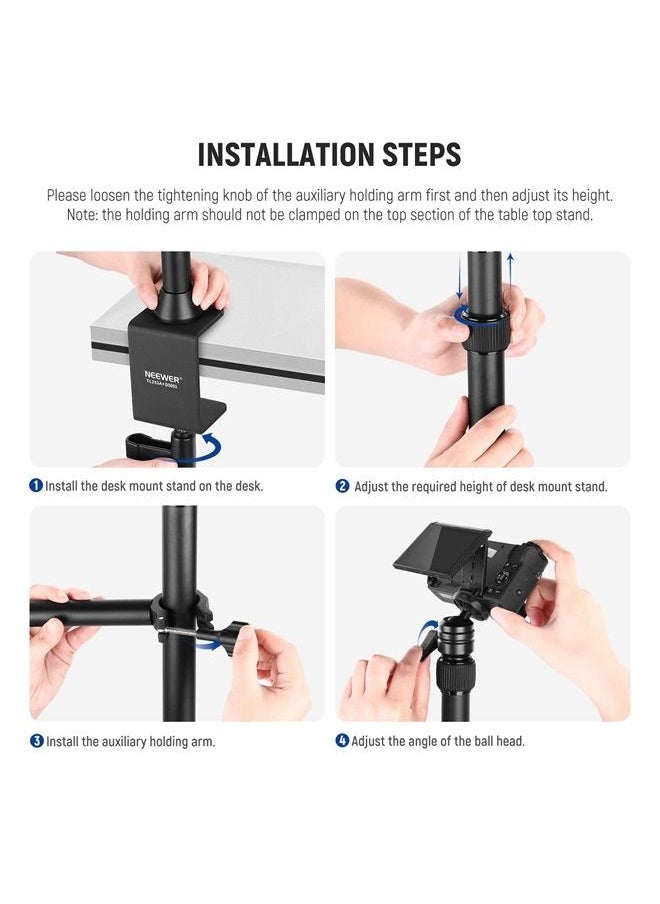Neewer - NEEWER Tabletop Overhead Camera Mount Stand with 2 Section Telescopic Extension Arm, Phone Holder, Ball Heads, Screw Adapters, Desk Light Stand for Camera, Phone, Webcam, Ring Light, TL253A+DS001 - Image 1