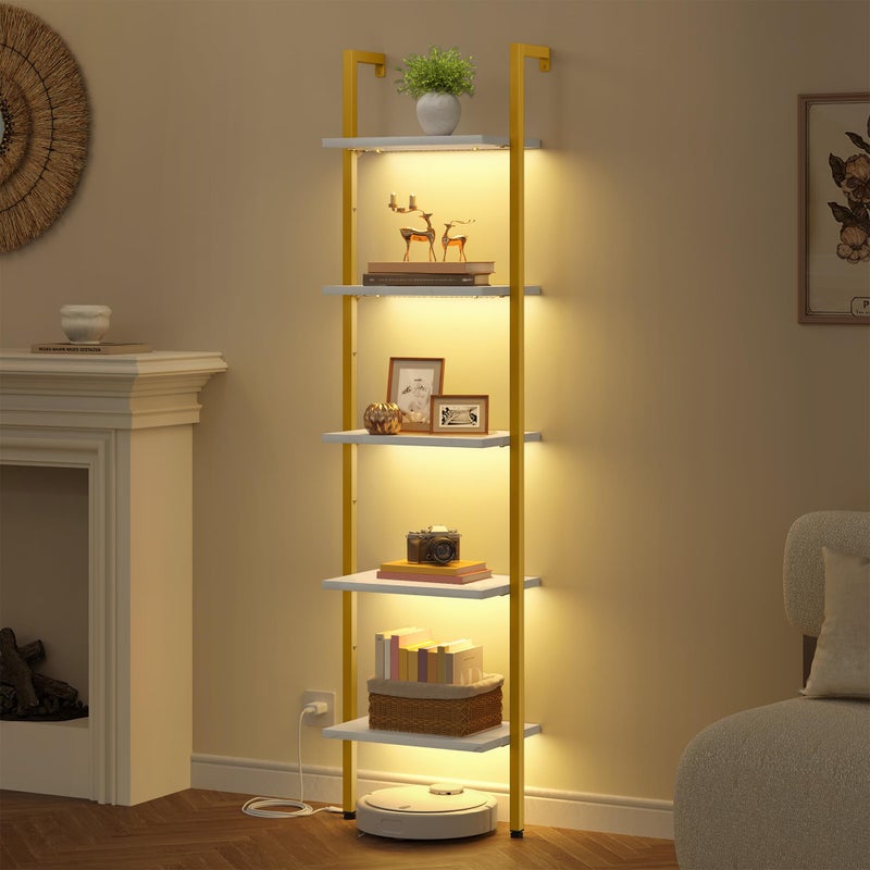 Tajsoon 5 Tier Ladder Shelf with Light, Wooden Wall Mounted Book Shelf, Wall Mounted Ladder Bookshelf with Metal Frame, Industrial Ladder Bookshelf for Office, Living Room, Bedroom, Gold & White - Image 1