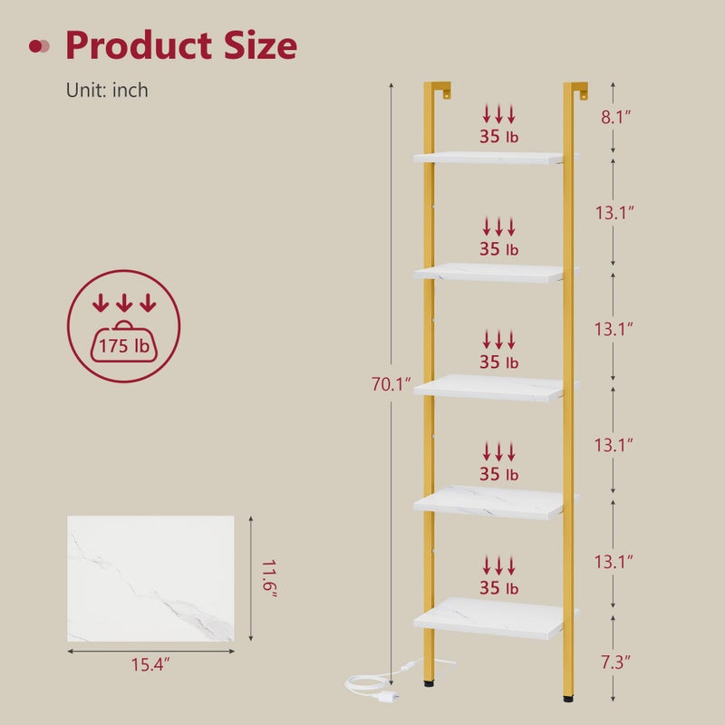 Tajsoon 5 Tier Ladder Shelf with Light, Wooden Wall Mounted Book Shelf, Wall Mounted Ladder Bookshelf with Metal Frame, Industrial Ladder Bookshelf for Office, Living Room, Bedroom, Gold & White - Image 2