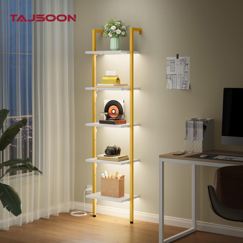 Tajsoon 5 Tier Ladder Shelf with Light, Wooden Wall Mounted Book Shelf, Wall Mounted Ladder Bookshelf with Metal Frame, Industrial Ladder Bookshelf for Office, Living Room, Bedroom, Gold & White - Image 3
