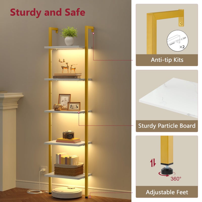 Tajsoon 5 Tier Ladder Shelf with Light, Wooden Wall Mounted Book Shelf, Wall Mounted Ladder Bookshelf with Metal Frame, Industrial Ladder Bookshelf for Office, Living Room, Bedroom, Gold & White - Image 5