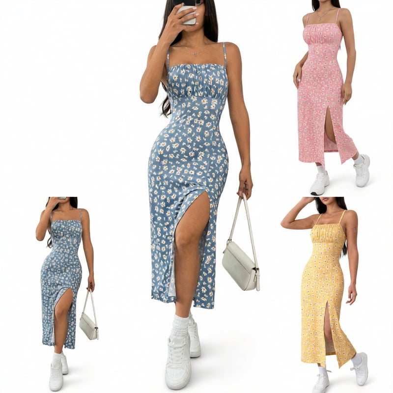 Floral Print Wrap Bodycon Midi Dress with Slit - Image 1