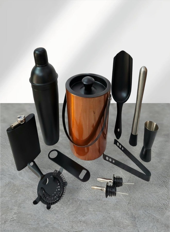 Nooks 11-Piece Cocktail Bar Set with Ice Bucket (1.5L), Shaker (750ml), Flask(205ml) and Bar Tools, Copper and Black - Image 1